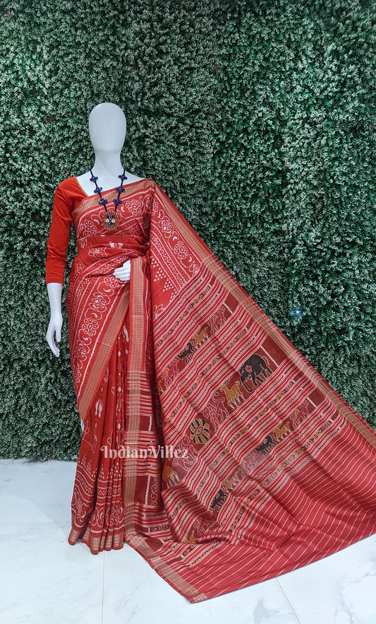 Red Laxmi Pada Jhoti Design Odisha Ikat Khandua Silk Saree