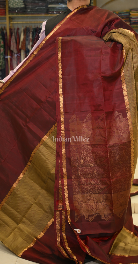 Olive Green Maroon Zari Pure Kanjivaram Soft Silk Saree