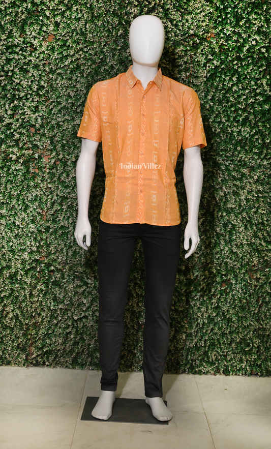 Light yellow Odisha Ikat Cotton Half Sleeve Shirt for Men