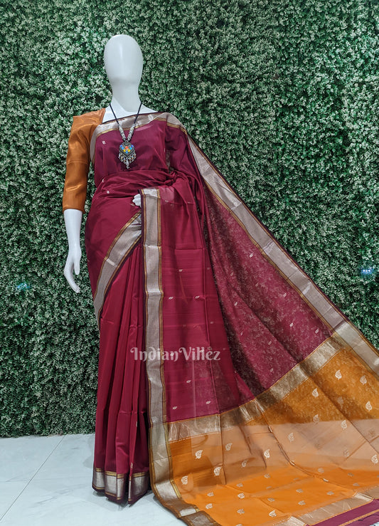 Purple Wine with Mustard Yellow Pure Silk Cotton Maheswari Saree