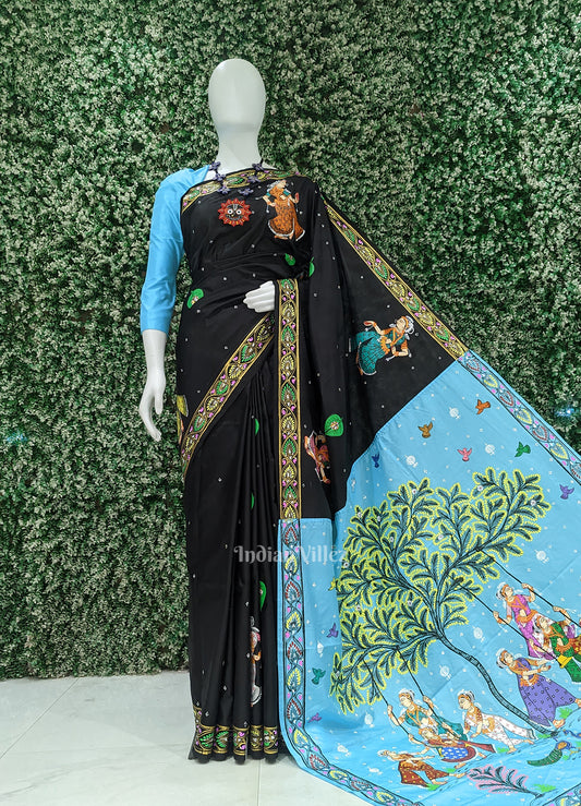 Black Blue Raja Doli Theme Hand-Painted Pattachitra Saree