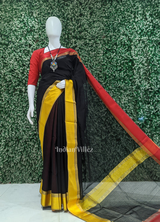 Black Pure Silk Cotton Maheswari Saree With Zari Border