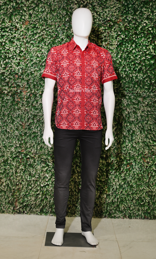 Brick Red Tribal Theme Odisha Ikat Cotton Half Sleeve Shirt for Men