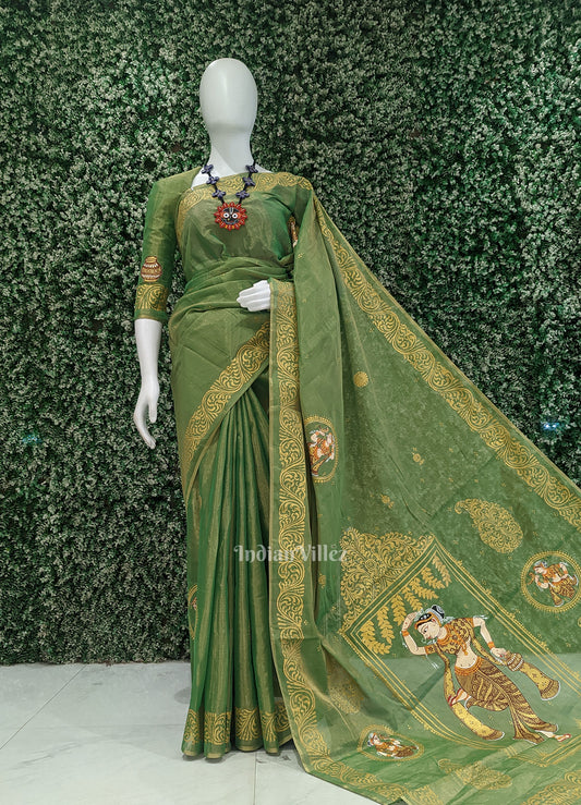 Green Shringar Ras Hand- Painted Pattachitra Saree