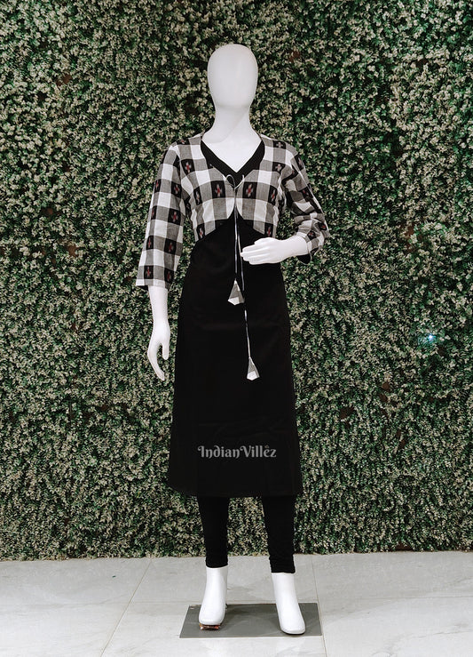 Black Pasapali Odisha Ikat Designer Cotton Kurti with Jacket