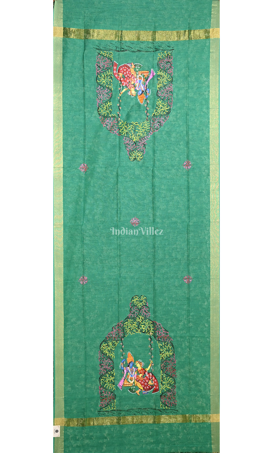 Sea Green Radha Krishna Doli Theme Hand-Painted Pattachitra Chanderi Dupatta