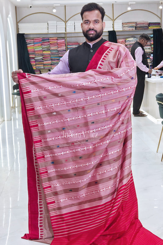 Beige Red Paisley Odisha Ikat Contemporary Designer Saree with Siminoi Anchal