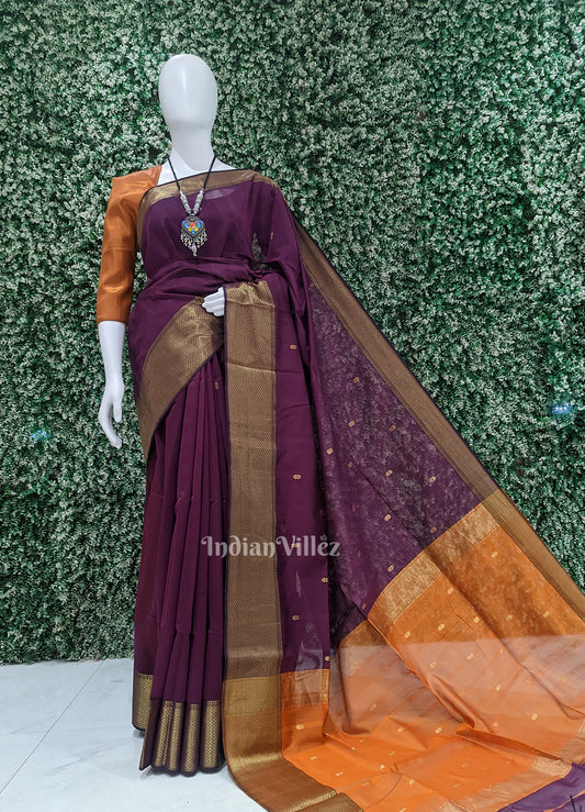Purple Wine with Mustard Yellow Leaf Motif Pure Silk Cotton Maheswari Saree