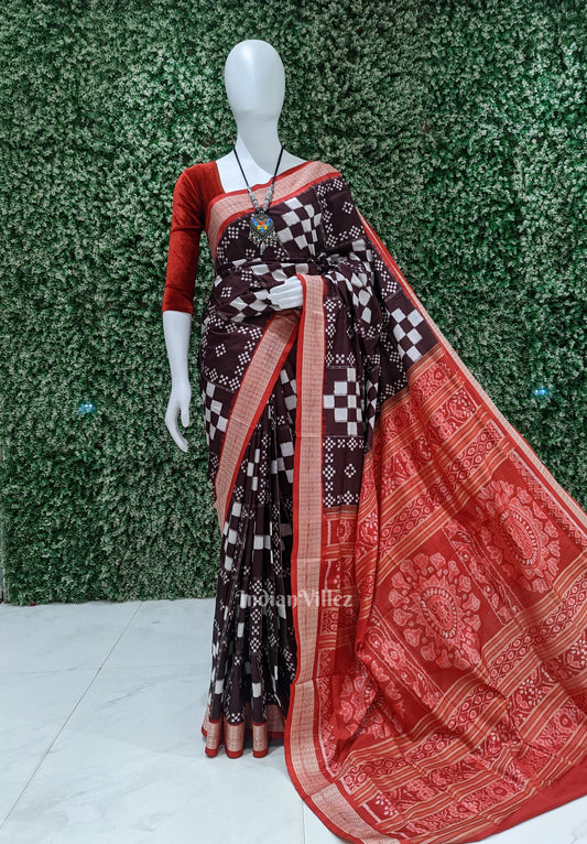 Wine Red Pasapali Theme Sambalpuri Silk Saree