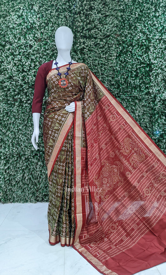 Brown Red Dual Tone Pasapali Odisha Ikat Sambalpuri Silk Saree