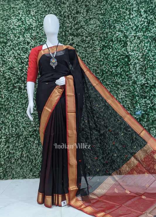 Black Red Pure Silk Cotton Maheswari Saree