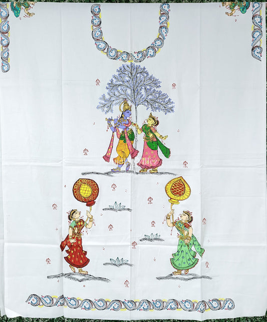 White Radha Krisha Pattachitra Kurti Cotton Dress Material