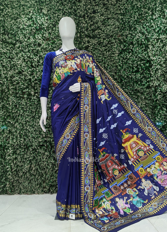 Blue Shree Jagannath Ratha Yatra Hand-Painted Pattachitra Saree