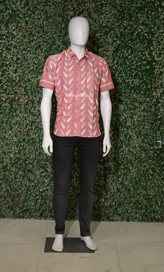 Peach Pink Leaf Design Odisha Ikat Cotton Half Sleeve Shirt for Men