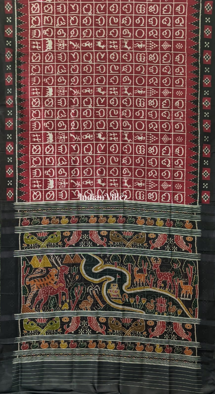 Maroon Black Odia Barnamala wit Tribal Contemporary Silk Saree