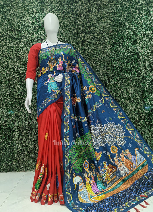 Blue Red Nabakeli Boita Theme Hand-Painted Pattachitra Saree