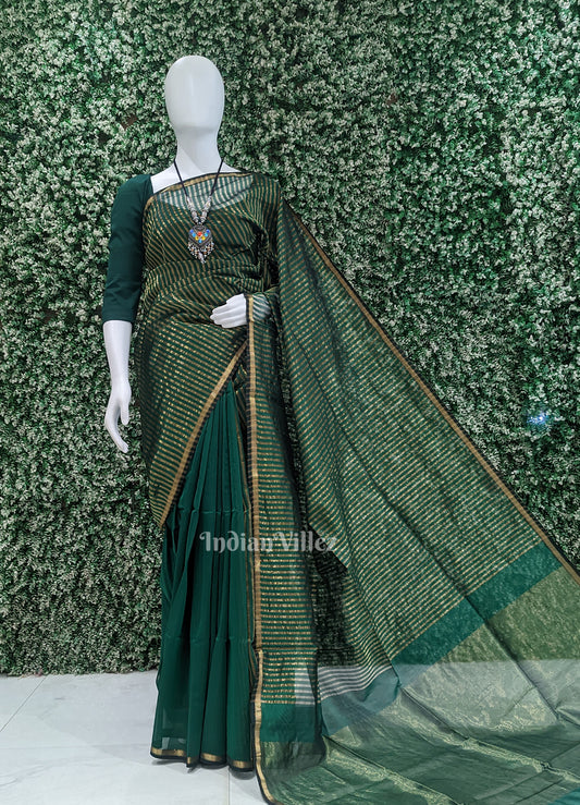 Green Stripped Pure Silk Cotton Maheswari Saree