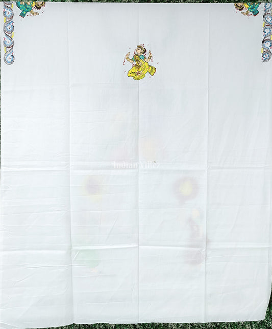 White Radha Krisha Pattachitra Kurti Cotton Dress Material