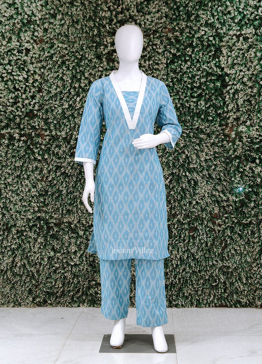 Sky Blue Odisha Ikat Designer Cotton Kurti Set with Pallazo (Co-Ords Set)