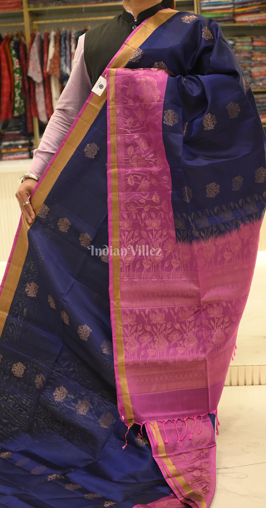 Navy Blue Pink Floral Zari Pure Kanjivaram Soft Silk Saree