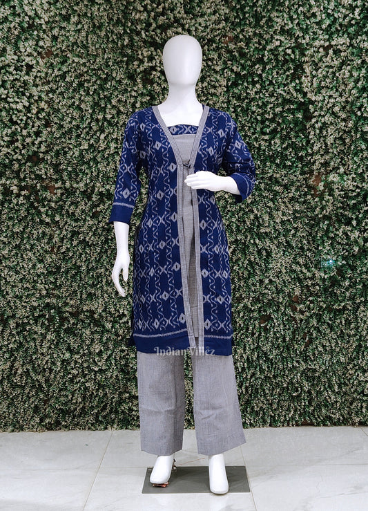 Blue Gray 3 Piece Odisha Ikat Designer Cotton Kurti Set with Jacket (Co-Ords Set)