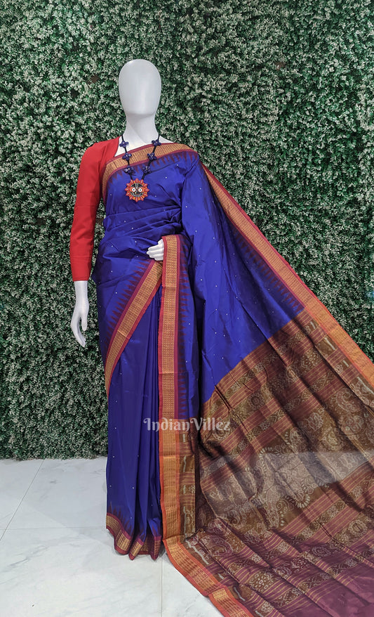 Blue Red Buti Bomkai Sambalpuri Ikat Silk Saree