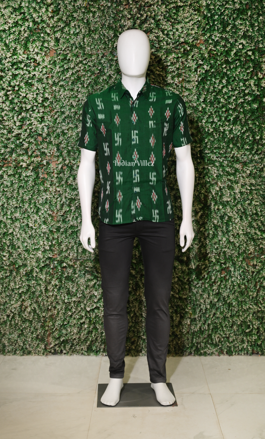 Green Swastik Odisha Ikat Cotton Half Sleeve Shirt for Men