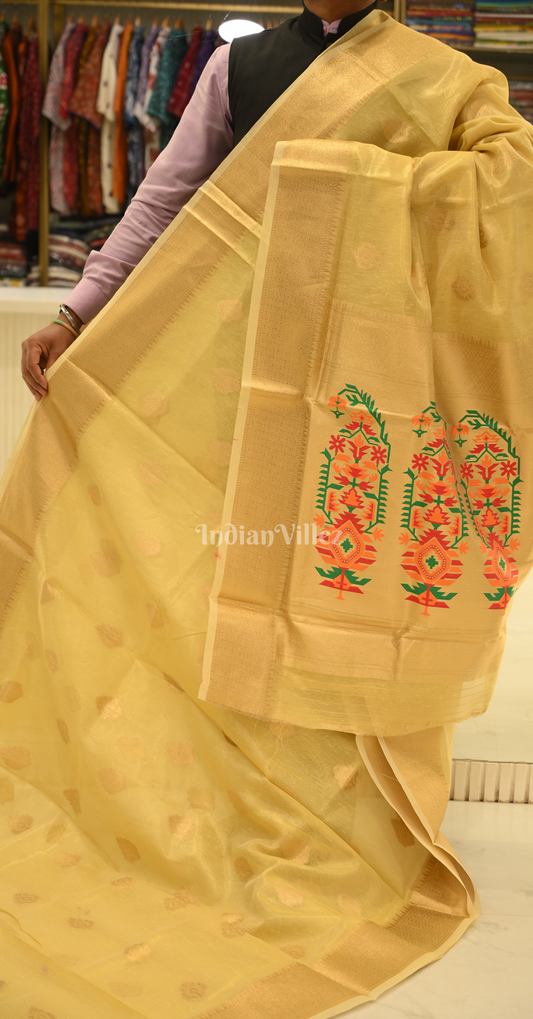 Yellow Golden Kora Silk Tissue Saree With Paithani Pallu