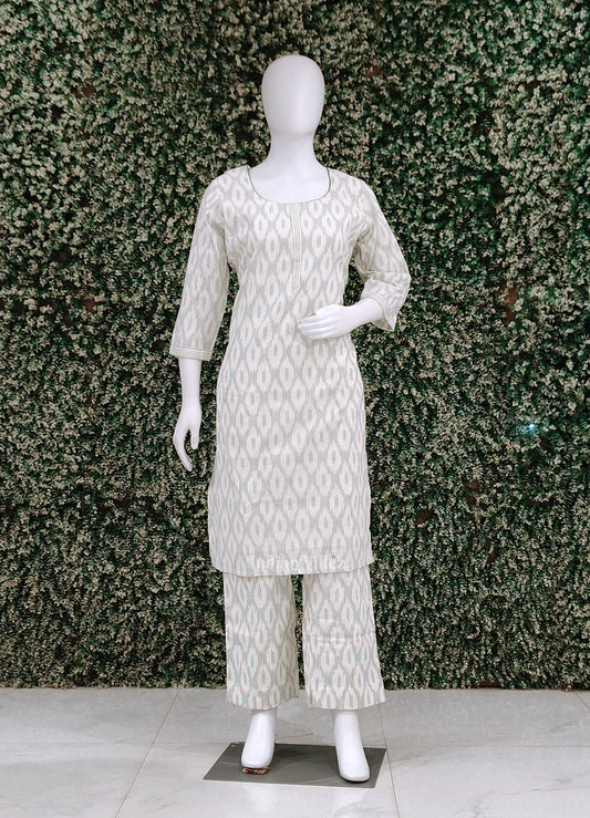 White Odisha Ikat Designer Cotton Kurti Set with Pallazo (Co-Ords Set)