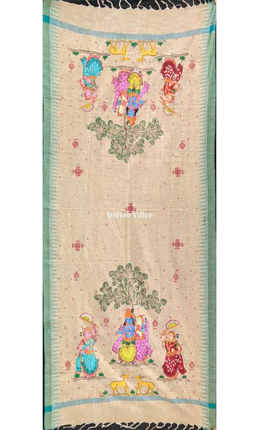 Radha Krishna Pattachitra Art on Tussar Dupatta