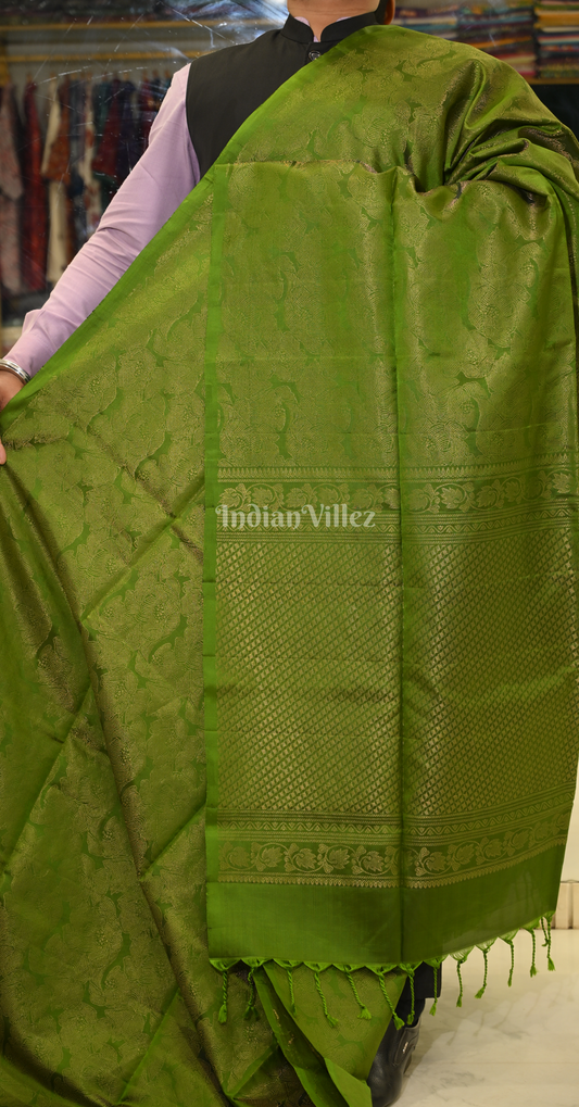 Mehendi Green Golden Floral Pure Kanjivaram Soft Silk Saree