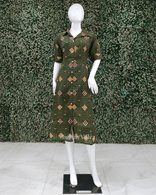 Mehendi Green Pasapali Odisha Ikat Designer Office Wear Dress