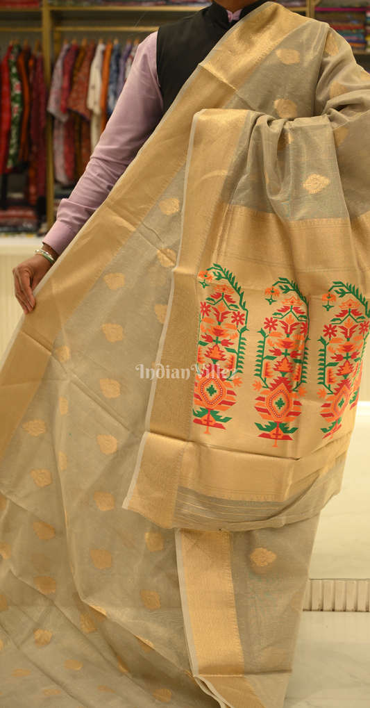 Off White Kora Tissue Saree With Paithani Pallu