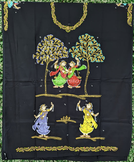 Black Raja Doli Theme Pattachitra Kurti Cotton Dress Material