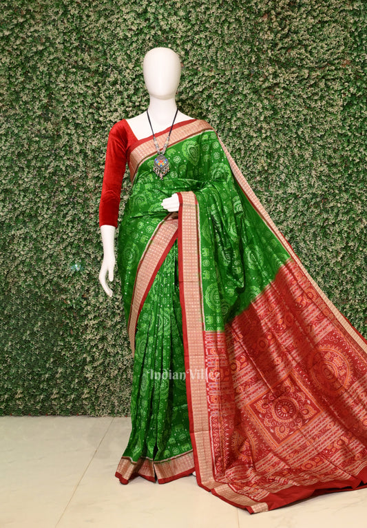 Green Red Elephant & Flower motif Sambalpuri Ikat Silk Saree