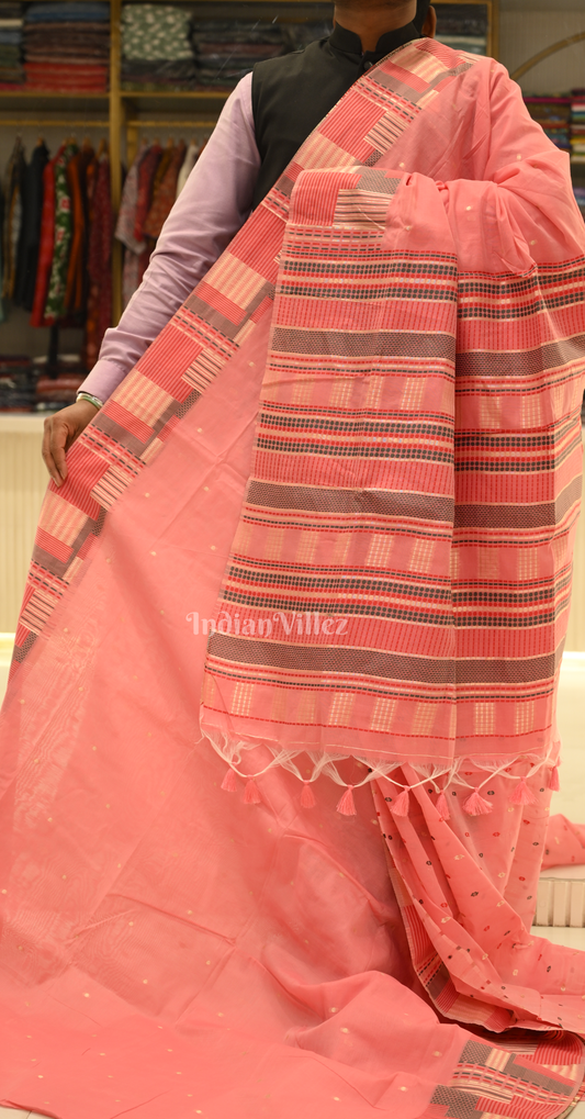 Peach Pink Spun Weaving Silk Saree