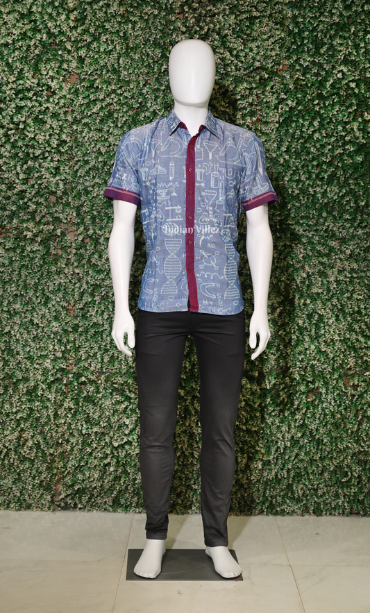 Light Blue Maroon Chemical Formula Odisha Ikat Cotton Half Sleeve Shirt for Men