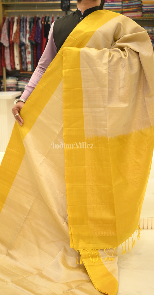 Beige Mustard Yellow Zari Pure Kanjivaram Soft Silk Saree