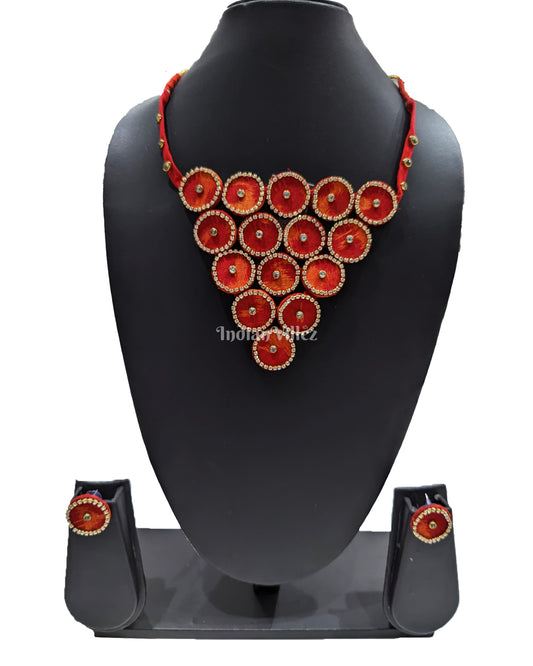 Red Mustard Coin Shape Necklace Sambalpuri Fabric Choker Jewellery - Necklace & Earrings Set