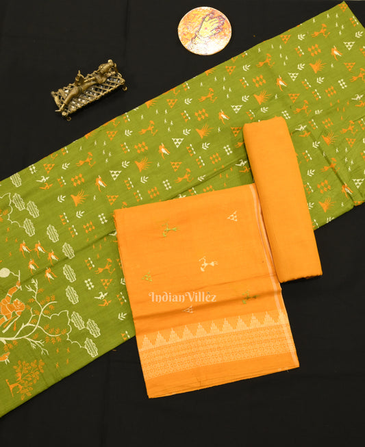Mehendi Green Yellow Tribal Design Sambalpuri Cotton Dress set with Dupatta