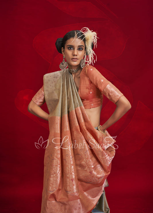 Grey Tussar Silk Weaving Silk Saree