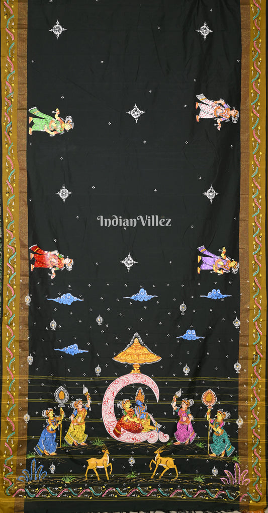 Bottle Green Ardha Chandra Krishna Rasa Leela Hand-Painted Pattachitra Saree