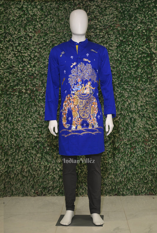 Royal Blue Radha Krishna Hand-Painted Pattachitra Kurta