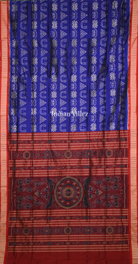Blue Maroon Laxmi Jhoti Theme Odisha Ikat Sambalpuri Silk Saree