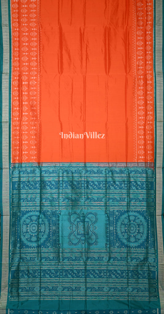 Orange Cyan Blue Tribal Scot Odisha Ikat Sambalpuri Silk Saree