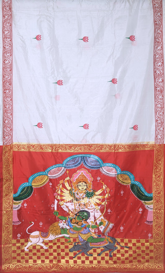 White Red Durga Puja Theme Hand-Painted Pattachitra Saree