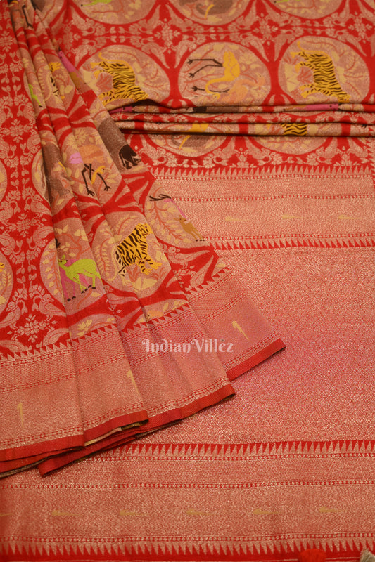 Red Shikargah Theme Banarasi Georgette Saree