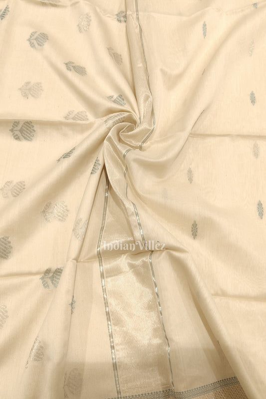 White Pure Silk Cotton Maheshwari Saree