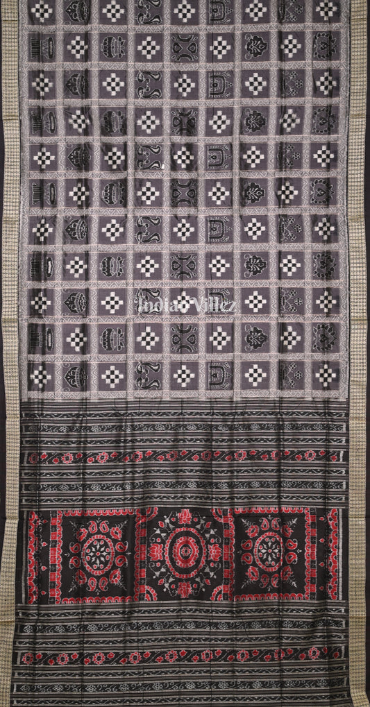 Grey Black Pasapali Odisha Ikat Sambalpuri Silk Saree