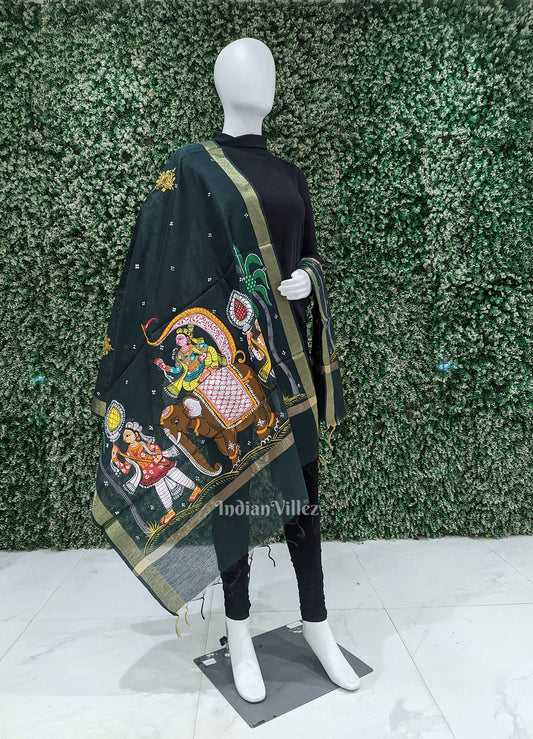 Green Kandarpa Hati (Elephant) Hand-Painted Pattachitra Chanderi Dupatta